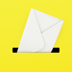 White Envelope in Yellow Mailbox. 3d Rendering