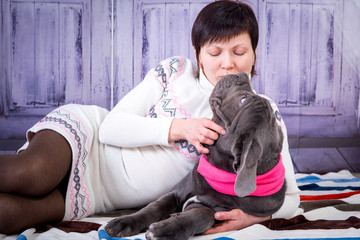 Attractive girl posing in the studio with puppies of breed Mastiff Neapolitana.