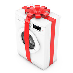 Modern Washing Machine with Red Ribbon and Bow as Gift. 3d Rende