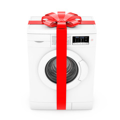 Modern Washing Machine with Red Ribbon and Bow as Gift. 3d Rende