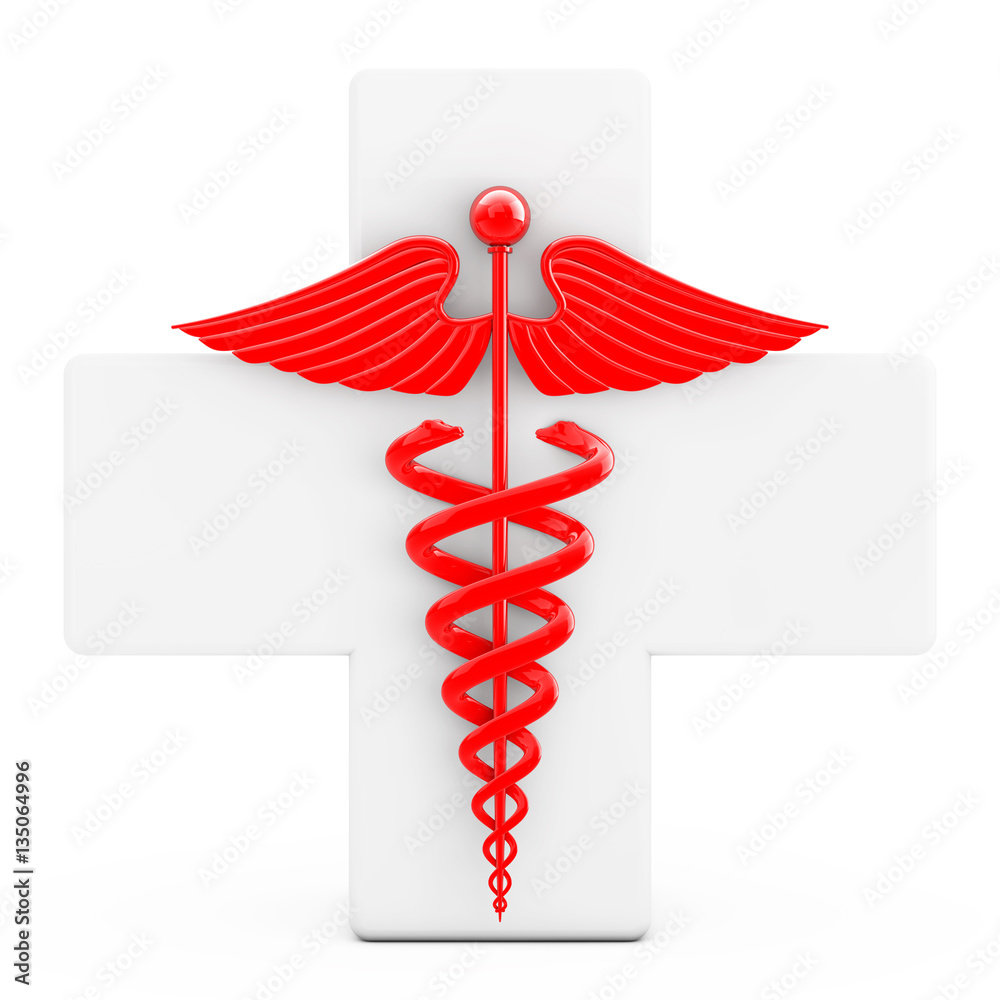 Poster Red Caduceus Symbol  in front of White Cross. 3d Rendering