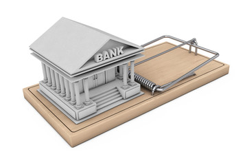 Credit Risk Concept. Bank Building over Wooden Mousetrap over Wo