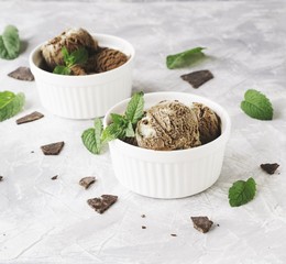 chocolate mint ice cream in white bowls with pieces of chocolate and mint leaves on a marble table