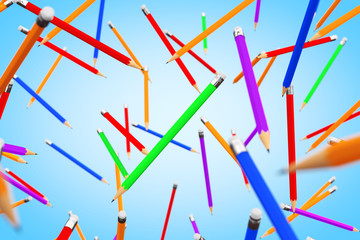 Many Multicolour Pencils Flying. 3d Rendering