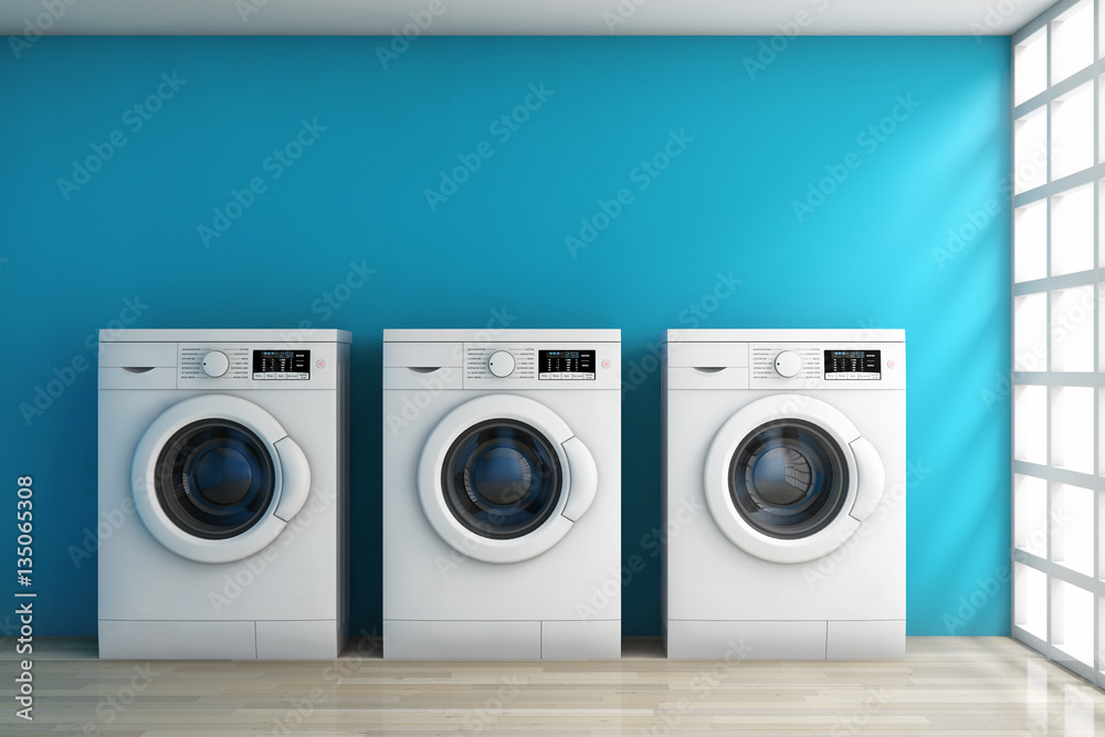 Poster modern washing machines in the room. 3d rendering
