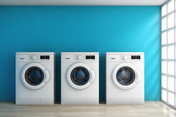 Modern Washing Machines in the Room. 3d Rendering