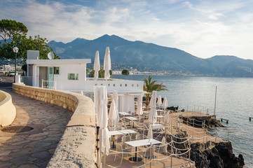 Restaurant view on the beach French Riviera, France © maximuscci