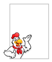 Rooster with blank sign, chicken mascot, chicken character. Vector of chicken character. 