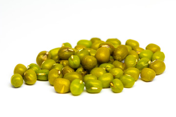 Green mung beans, white background