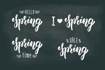 Spring hand lettering set. Summer typographic and calligraphic set. Spring logos and emblems. White ink. Vector
