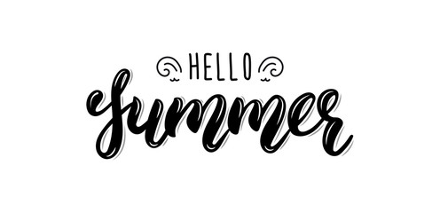 Hello Summer. Trendy hand lettering quote, fashion graphics, art print for posters and greeting cards design. Calligraphic isolated quote in black ink. Vector