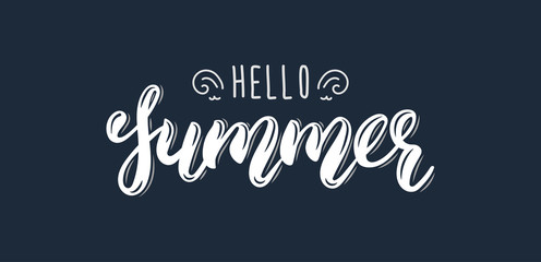 Hello Summer. Trendy hand lettering quote, fashion graphics, art print for posters and greeting cards design. Calligraphic isolated quote in white ink. Vector
