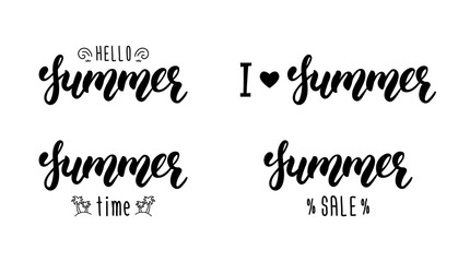Summer hand lettering set. Summer typographic and calligraphic set. Summer logos and emblems. Vector