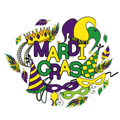 Mardi Gras or Shrove Tuesday. Colorful background with carnival mask and hats, jester's hat, crowns, fleur de lis, feathers and ribbons. Vector illustration