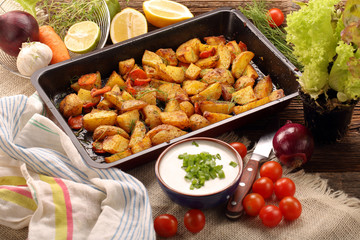 Baked potatoes with herbs and white dip