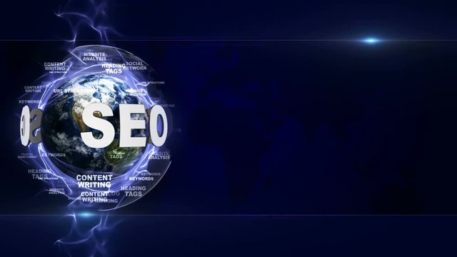 SEO Text Animation and Earth, with Keywords, Rendering, Background, Loop, 4k
