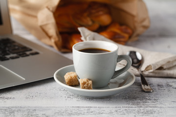 Office workplace with coffee break time