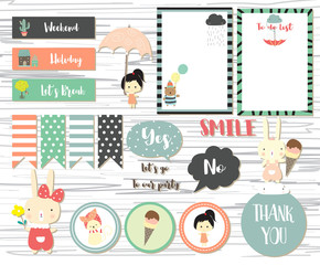 Obraz premium Cute note and sticker with girl,bear,rabbit,ice cream and tree