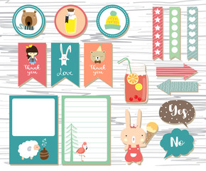 Cute note and sticker with rabbit,bear,hat,sheep and girl