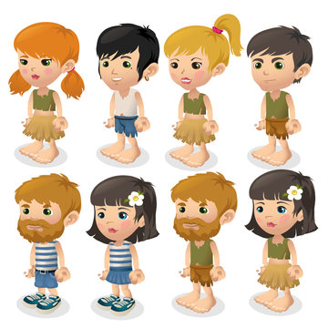 Vector set of boys and girls in summer clothes