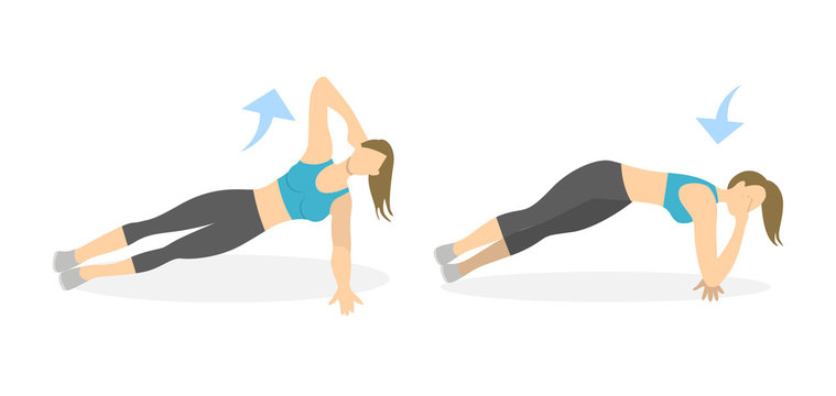 Body exercise for women on white background. Crossfit and fitness. Plank with elbow down.