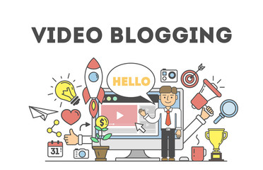 Video blogging concept.Idea of creating videos and vlogs about anything. Illustartion with icons as rocket, laptop screen. White background.