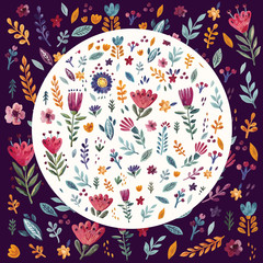 Floral pattern with watercolor flowers and white circle