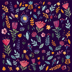 Floral pattern with watercolor flowers and leaves on dark background