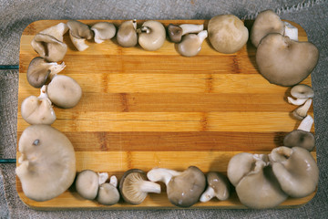 mushrooms of a veshanka and champignons on a wooden board on a table