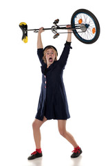 clown entertainer poses with a unicycle