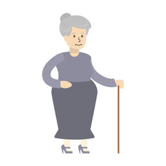 Isolated old woman on white background. Smiling aged cartoon character with stick.