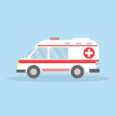 Isolated ambulance car on blue background. White car with red stripes, cross and siren.