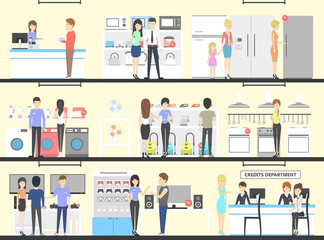 Appliance store interior set. People buying refrigerators, washing machines and more. Credit department.