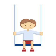 Funny boy playing on the playground with kids swing. Cartoon characters on white background.