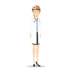 Fototapeta premium Isolated female doctor on white background. Cartoon character in white uniform. Smiling beautiful woman..