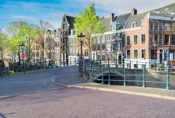 Fototapeta na wymiar Street in old town with historical houses, Amstardam, Netherlands