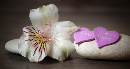Fototapeta na wymiar Two white stone with flower and heart on a wooden background,inscriptions about love, spa