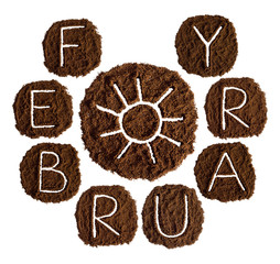February and sun, decorated with ground coffee on white background