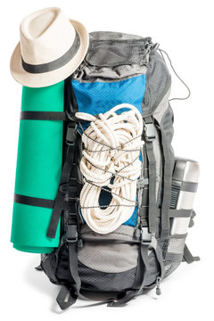 loaded backpack camp for tourists extremals on a white backgroun
