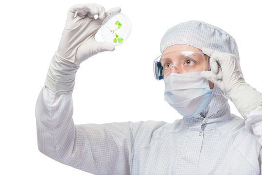 isolated portrait of biologist in protective clothing with a pla