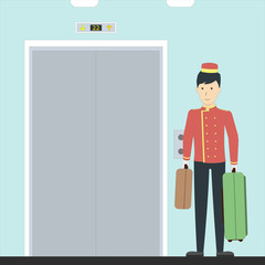 Isolated hotel elevator with porter and luggage. Hotel interior. Silver doors and buttons.