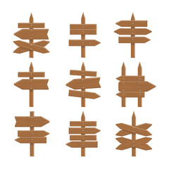 Wooden signs set on white background. Concept of showing direction, way or information.