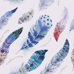 Feathers pattern. Watercolor elegant background. Watercolour col