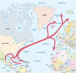 Map of the Gulf and North Atlantic stream in the Atlantic Ocean - obrazy, fototapety, plakaty
