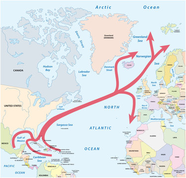 Map Of The Gulf And North Atlantic Stream In The Atlantic Ocean