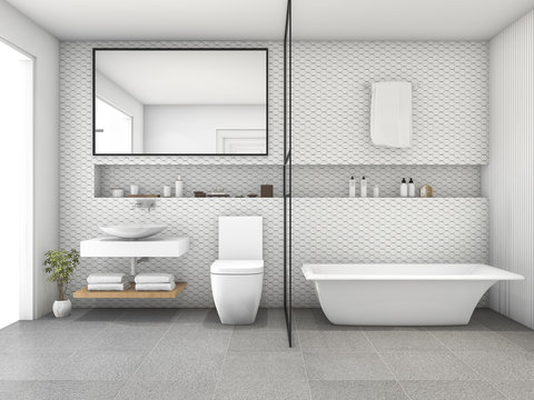 3d Rendering White Hexagon Tile Modern Bathroom