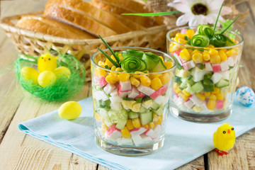 Salad with crab sticks, eggs, corn and fresh cucumber - the idea