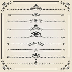 Vintage set of decorative elements. Horizontal separators in the frame. Collection of different ornaments. Classic patterns. Set of vintage patterns
