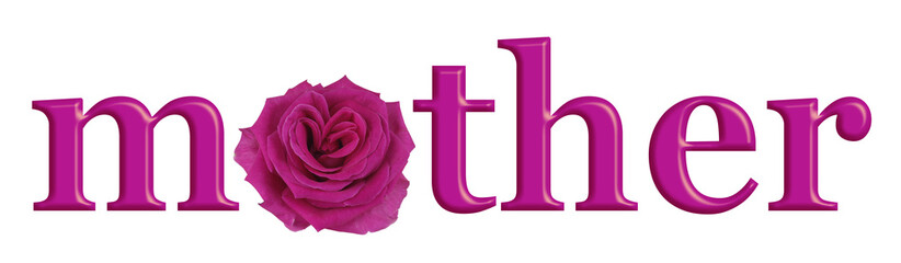 Mother's Day Special Pink Rose banner - the word MOTHER with a beautiful pink rose in place of the O with rare heart shaped central petals on a white  background 