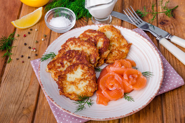 Potato pancakes with sour cream and salmon on a plate on a wooden background